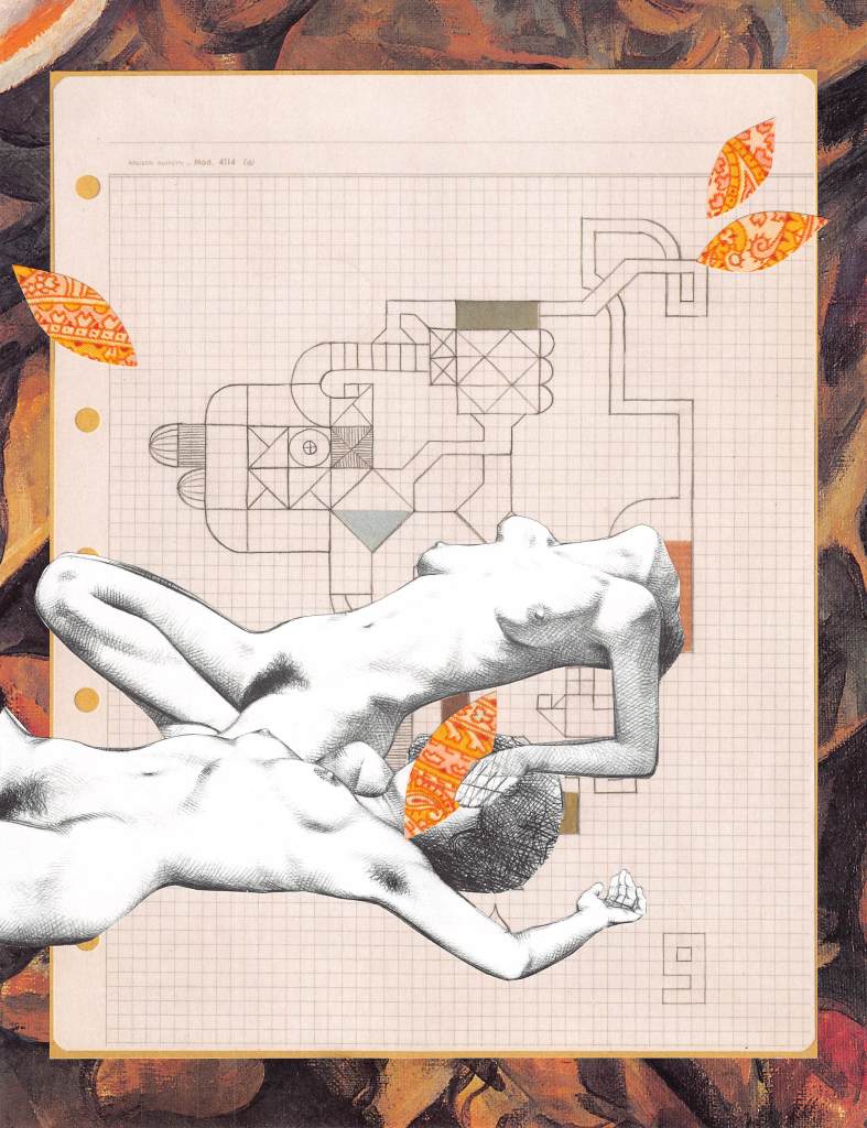 Two naked people, exposing their breasts and vulvas, lie superimposed against an architectural diagram. Their heads are tilted back in ecstasy, obscuring their faces.